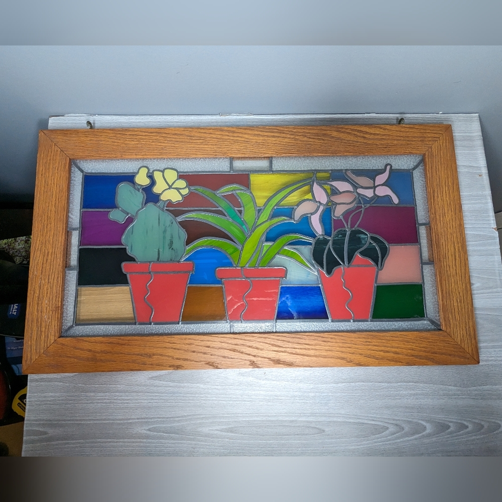 Vintage Wood Framed House Plants Large Stained Glass - Picture 5 of 14